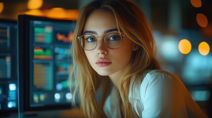 Fototapete - Young Professional Woman with Glasses Working in a Modern Office Environment Surrounded by Data Visualizations and Digital Screens