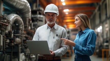 Poster - professional woman discussing project with senior engineer in industrial setting with machinery and 
