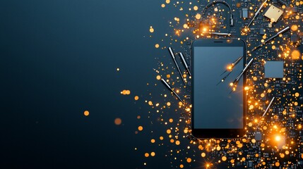 Poster - Innovative technology showcase smartphone surrounded by circuitry and sparks digital environment close-up view modern concept