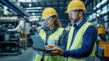 Poster - Two Professionals in Safety Gear Collaborating on a Laptop in an Industrial Warehouse Environment with Machinery in Background