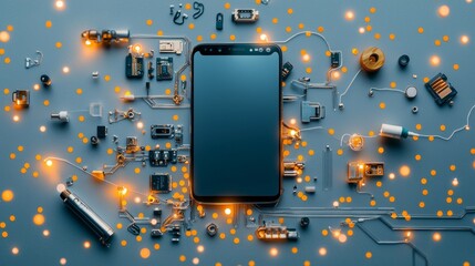 Poster - Innovative smartphone technology showcase modern tech lab photography futuristic environment top-down view exploring digital connectivity
