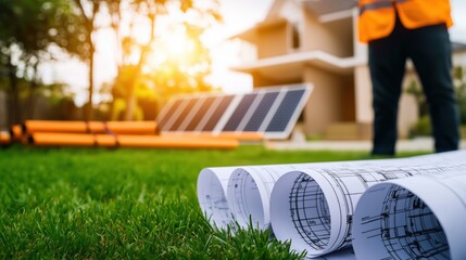 Poster - construction worker analyzing blueprints outdoors with solar panels in background, residential proje