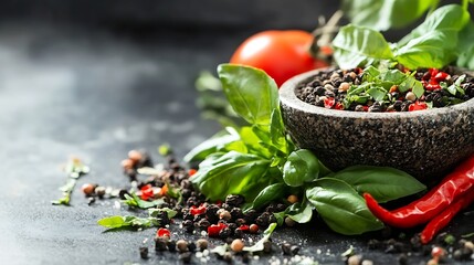 Poster - Assorted fresh spices and herbs in a stone bowl with vibrant green leaves on dark background : Generative AI