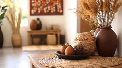 Poster - Rustic interior design featuring handcrafted pottery and natural decor elements for a cozy atmosphere : Generative AI