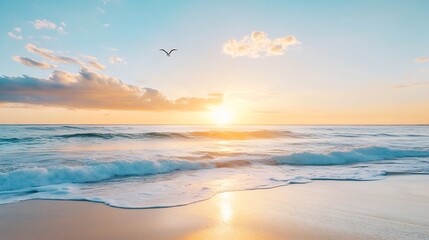 Poster - Stunning Sunrise Over Calm Seaside Beach with Gentle Waves and a Single Seagull : Generative AI