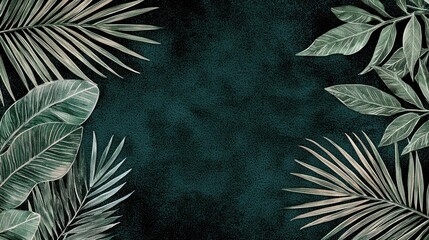 Poster - Tropical leaves frame, dark green background, nature design, website banner