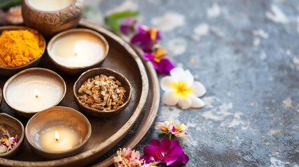 Aufkleber - Natural spa arrangement with candles flowers and herbal ingredients on a rustic surface for relaxation : Generative AI