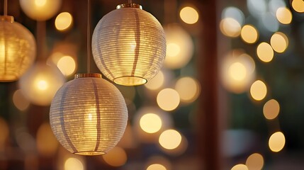 Aufkleber - Elegant hanging paper lanterns glowing warmly surrounded by beautiful blurred lights in the background : Generative AI