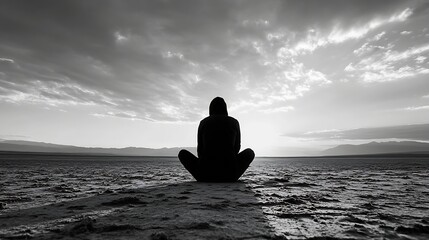 Poster - Solo figure meditating at dawn in a barren landscape with dramatic sky and expansive horizon : Generative AI