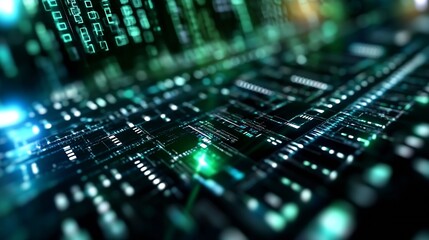 Leinwandbilder - Abstract representation of digital data and technology with green and blue glowing lights : Generative AI
