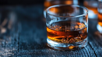 Aufkleber - Elegant whiskey glass close up showcasing amber liquor against a dark wood background : Generative AI