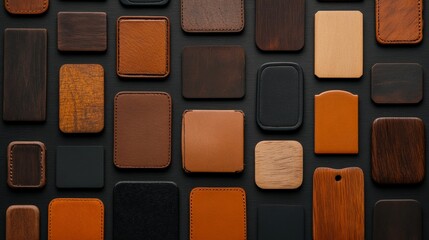 Poster - Variety of Textured Leather and Wood Items on Dark Background