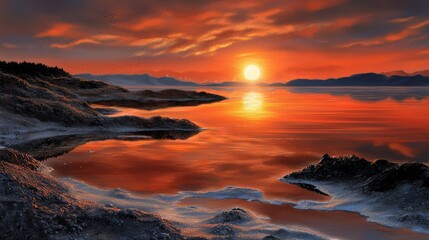 Wall Mural - Stunning Sunset Over Calm Waters Reflecting Vibrant Colors of Dusk on Serene Landscape