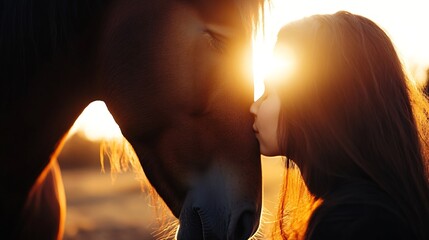 Poster - Beautiful Moment of Connection Between Woman and Horse at Sunset with Warm Light Surrounding Them : Generative AI