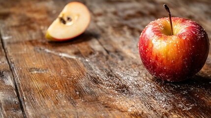 Poster - Beautiful red apple with a slice resting on rustic wooden surface sprinkled with sugar : Generative AI