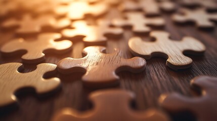 Poster - Close up of wooden puzzle pieces scattered on a surface representing connection and problem solving : Generative AI
