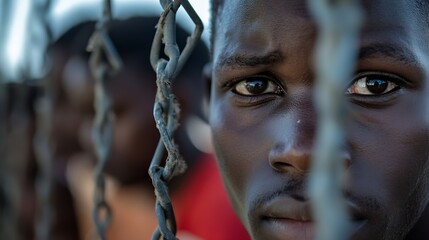 Aufkleber - Close up portrait of a young man gazing through chains showcasing emotions of resilience and hope : Generative AI