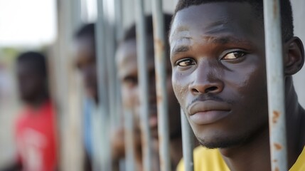 Poster - Portrait of a young man through bars illustrating narratives of hope and perseverance in difficult times : Generative AI