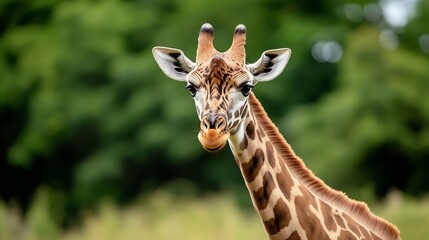 Poster - Closeup of a majestic giraffe face with large eyes and distinct patterns standing in a natural setting : Generative AI