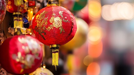 Poster - Vibrant Chinese lanterns hanging with intricate designs creating a festive atmosphere : Generative AI