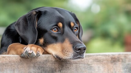 Poster - Thoughtful Dog Looking with Deep Eyes While Resting on Wooden Barrier in Nature : Generative AI