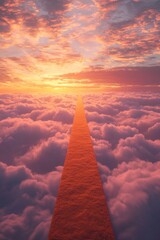 Wall Mural - A long, narrow, orange carpet path leading to heaven, above the clouds, with a pink and red sunset sky