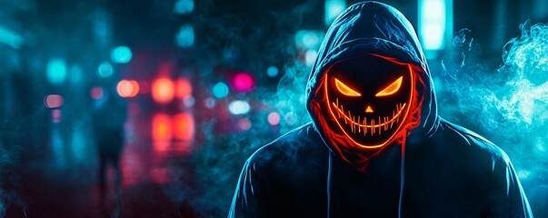 Poster - Mysterious man is wearing a scary halloween mask with neon lights, posing in a dark city street
