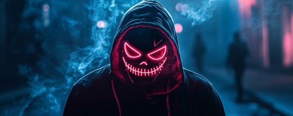 Poster - Mysterious man wearing a glowing led mask standing in a cloud of smoke at night