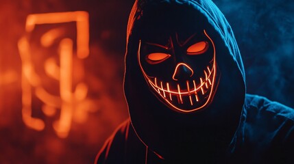 Poster - Dangerous man is wearing a glowing halloween mask and posing in smoke with a blurred orange light in the background