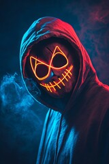 Poster - Mysterious figure stands in smoke, wearing a hoodie and a spooky neon mask
