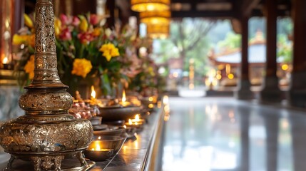 Aufkleber - Beautifully arranged indoor shrine filled with candles and fresh flowers enhancing spiritual tranquility : Generative AI