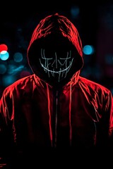 Poster - Man is standing in the dark wearing a red hoodie and an led mask, creating a mysterious and cyberpunk atmosphere