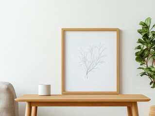 Fototapete - Framed print of a green plant displayed on a wooden table in a bright indoor setting