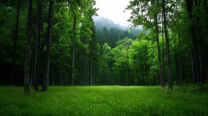 Poster - Lush green forest with tall trees and thick grass creating a serene natural habitat : Generative AI
