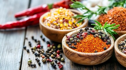Aufkleber - Colorful assortment of spices in wooden bowls highlighting culinary diversity and natural flavoring options : Generative AI