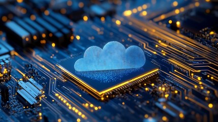 Fototapete - A creative digital illustration of a cloud icon on a circuit board representing cloud computing technology : Generative AI