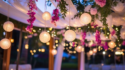 Poster - Charming event decoration featuring hanging lights and vibrant floral arrangements creating a festive ambiance : Generative AI