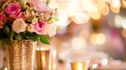 Poster - Stunning floral centerpiece featuring soft pink roses and vibrant foliage set against a bokeh background : Generative AI