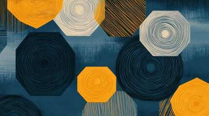 Wall Mural - Abstract art with octagons and circles in navy, yellow, and grey.