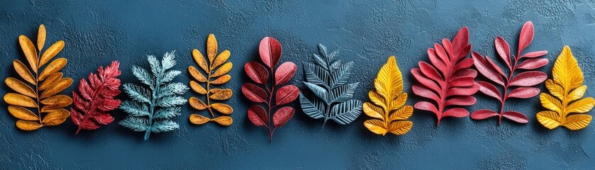 Wall Mural - Colorful autumn leaves arranged on blue background, fall design, seasonal decor