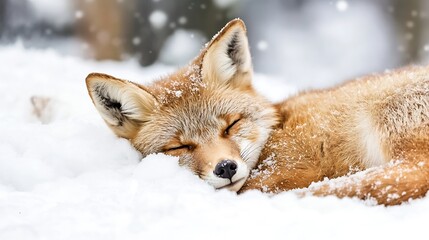 Aufkleber - Beautiful fox nestled in soft snow enjoying a peaceful winter's nap in a serene snowy landscape : Generative AI