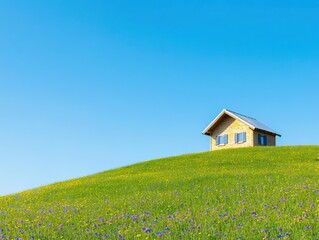 Aufkleber - House on a hill surrounded by vibrant wildflowers in a scenic landscape during sunny weather