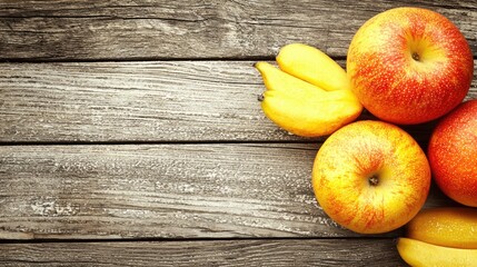 Poster - Red apples, banana slices on rustic wood.  Healthy food, recipe background