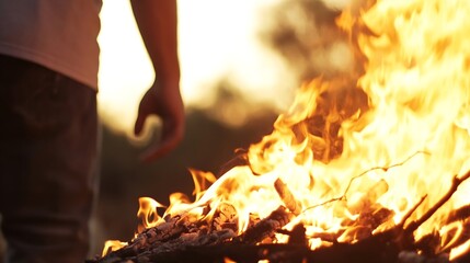 Fototapete - A person watching a bonfire at sunset with bright flames and warm glow illuminating the scene : Generative AI