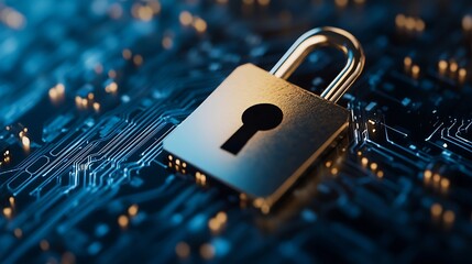 Fototapete - A metal padlock featured on a circuit board design representing digital security : Generative AI