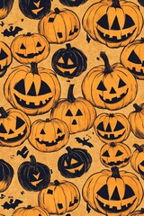 Poster - Halloween background with pumpkins and bats smiling on orange grunge background