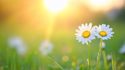 Aufkleber - Delicate White Daisies in a Sunlit Field with Soft Golden Light and Vibrant Colors : Generative AI