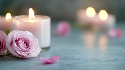 Aufkleber - Elegant Still Life with Delicate Pink Roses and Scented Candles on a Soft Background : Generative AI