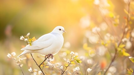 Aufkleber - Beautiful white dove perched on branch surrounded by soft glowing background creating serene atmosphere : Generative AI