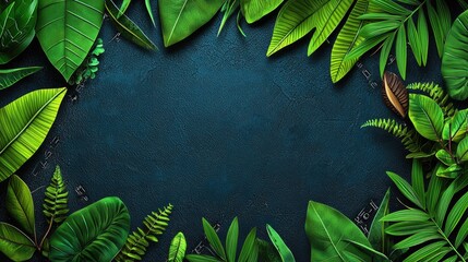 Wall Mural - Lush tropical leaves frame dark background; nature, design, template